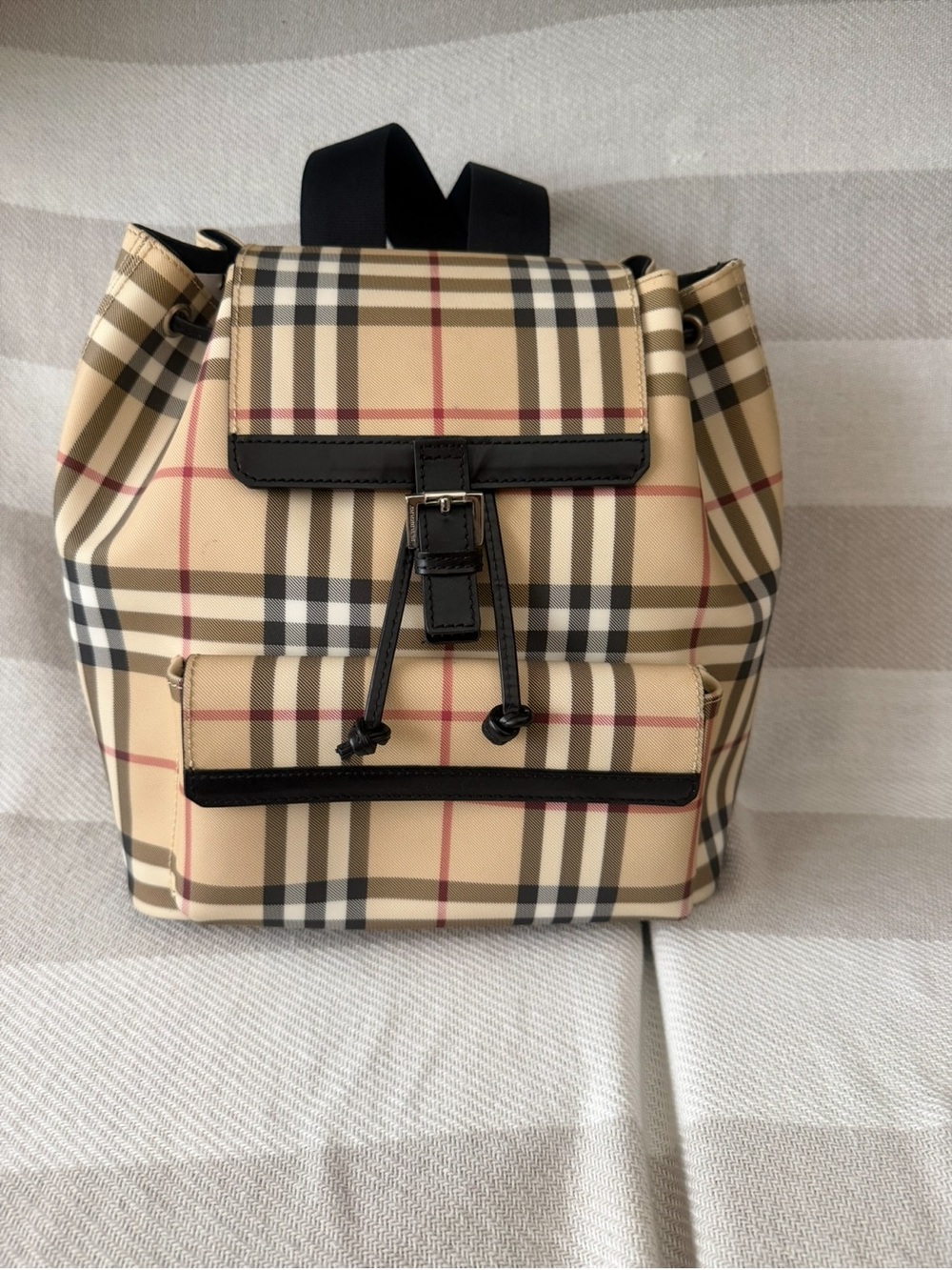 Burberry Beige Check Drawstring Backpack with Black Trim